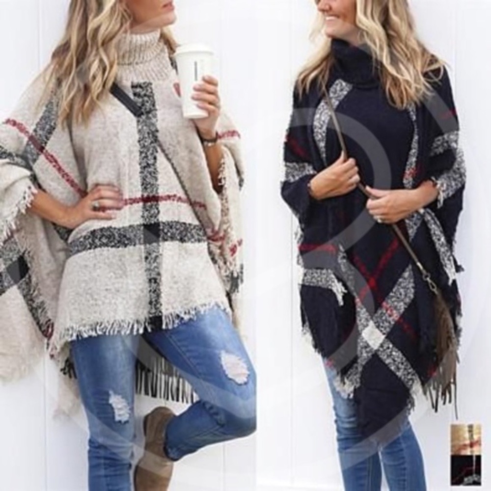 Cozy Red Turtleneck Plaid Frayed Hem Poncho - Picture 10 of 13